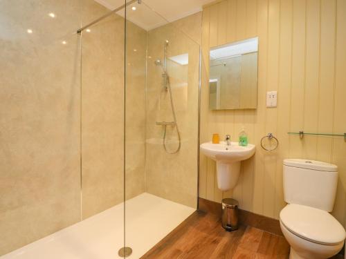 een badkamer met een douche, een toilet en een wastafel bij Oak Lodge in Preston