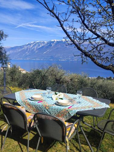 a table with chairs and a table with a view of a lake at Agriturismo L'Uliveto in Gargnano