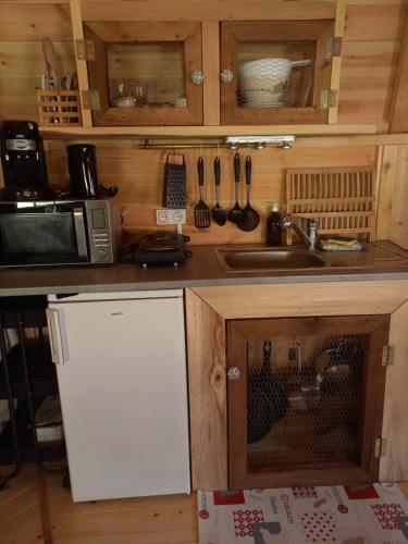La cuisine est équipée d'un réfrigérateur blanc et d'un four micro-ondes. dans l'établissement Le Kota Etable, à La Chapelle