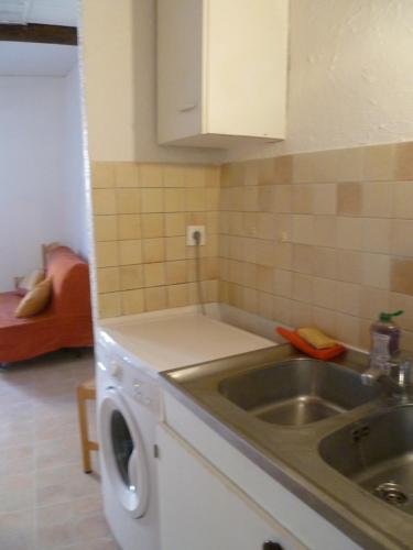 une cuisine avec un évier et une machine à laver dans l'établissement Une vue sur la Baume, à Sisteron