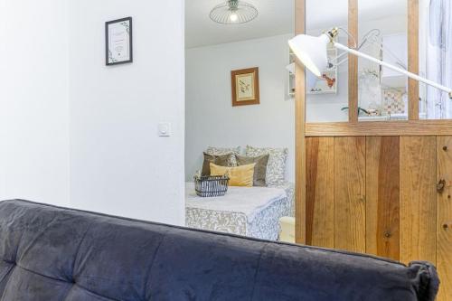 a blue couch in a living room with a bed at Gare Hypercentre - Wifi - Calme - Netflix in Grenoble