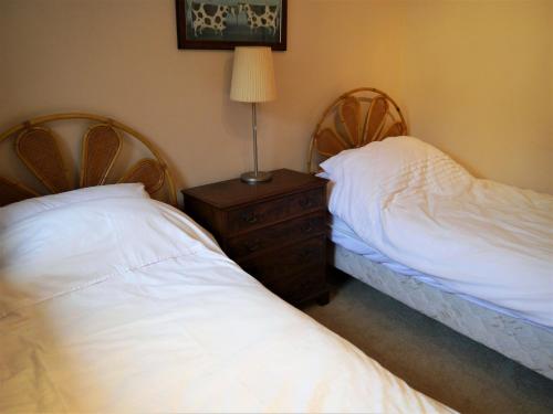 a bedroom with two beds and a lamp on a night stand at Phoenix Cottage in Kippford