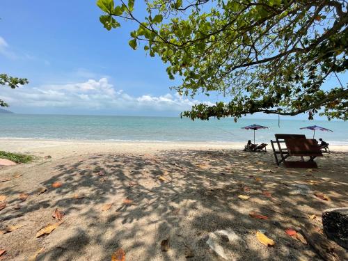 a bench and umbrellas on a beach with the ocean at Batuferringhi children waterslid paradise 3mins to the beach in Batu Ferringhi