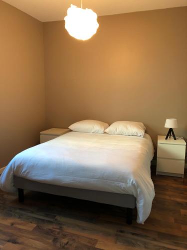 Schlafzimmer mit einem Bett mit weißer Bettwäsche und Kissen in der Unterkunft Appartement de 110m2 au centre de Cusset in Cusset