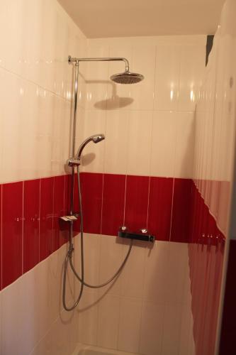 La salle de bains est pourvue d'une douche avec du carrelage rouge et blanc. dans l'établissement Chambres d'hôtes L'Aubaine avec jacuzzi, à Wanquetin