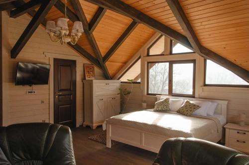 a bedroom with a bed and a tv in a attic at BRB Park Hotel in Vizhenka