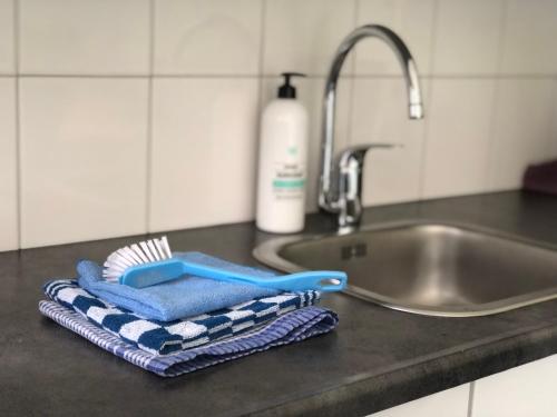um balcão de cozinha com um lavatório e uma toalha de louça azul em Veluwe Nature Home - 2-4 persons em Otterlo