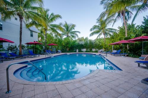 uma piscina com cadeiras azuis e palmeiras em Coral Lagoon Resort em Marathon