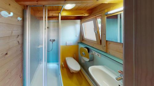 ein Bad mit einem Waschbecken, einem WC und einer Dusche in der Unterkunft Ferienblockhaus 5 in Löwenstein
