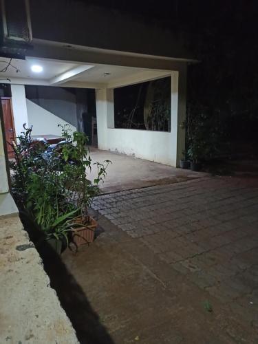 a house at night with a patio and plants at Seaface Rest Homestay in Hambantota