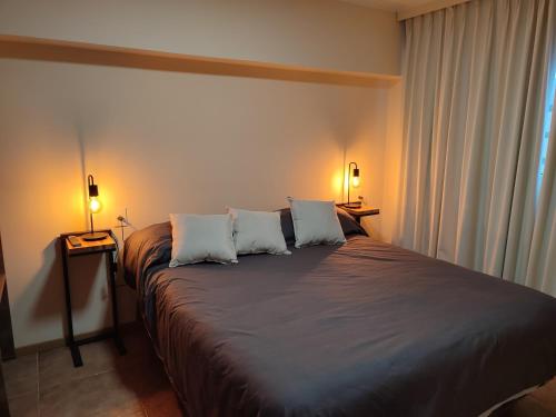 um quarto com uma cama grande e 2 almofadas em Lofts Patagonia Mitre 3 em San Carlos de Bariloche