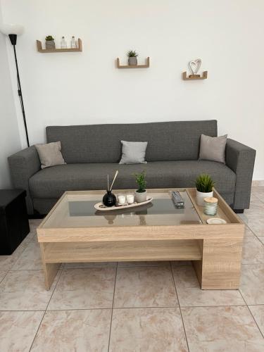 a living room with a couch and a coffee table at G.S Ialysos Holiday Apartment in Ialyssos