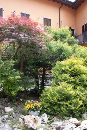 a garden with a vase of flowers and trees at Il Monastero in Castelletto sopra Ticino