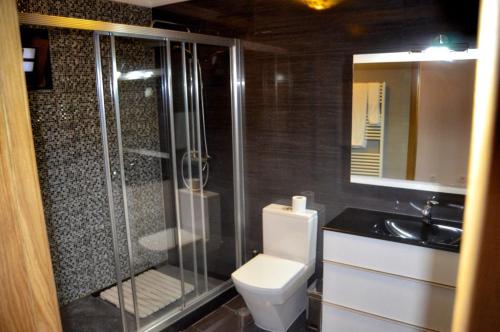 a bathroom with a shower and a toilet and a sink at Casa da Laranjeira in Barbeitos