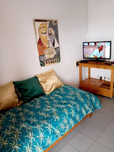 a bedroom with a bed and a tv on a table at La villa du cocotier in Sali Nianiaral