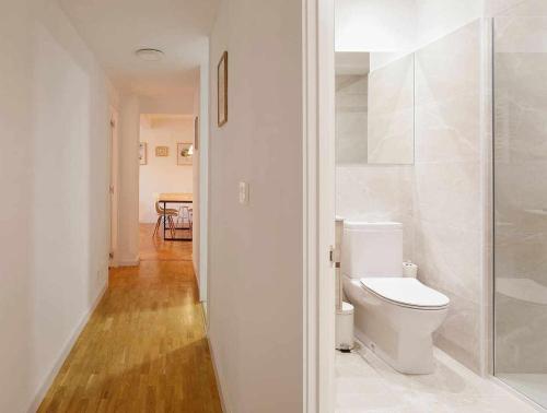 La salle de bains est pourvue de toilettes et d'une douche à l'italienne. dans l'établissement Apartamento Puerto Deportivo, à Gijón