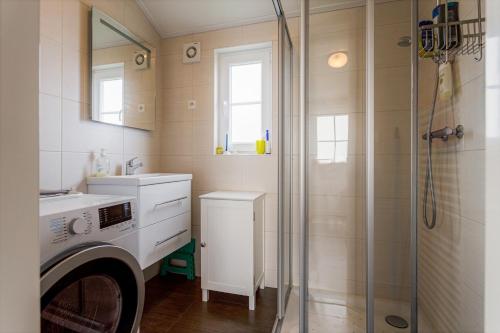 a bathroom with a shower and a washing machine at Zeeparken Haerendycke, Seacottage 4223 in Wenduine
