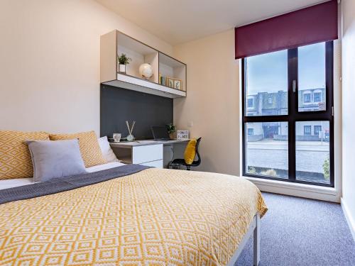 亞伯丁市的住宿－For Students Only Ensuite Bedrooms at Powis Place minutes away from Aberdeen City Centre，一间卧室配有一张床、一张书桌和一个窗户。