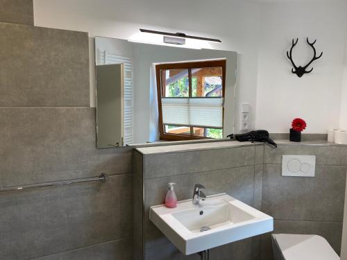 uma casa de banho com um lavatório e um espelho em Gästehaus Alpenhorst em Oberstdorf