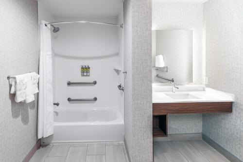 a bathroom with a shower and a sink and a tub at Holiday Inn Express & Suites - Stafford NW - Sugar Land, an IHG Hotel in Stafford