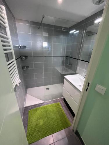 a bathroom with a shower with a green rug at Appartement climatisé vue mer in Antibes