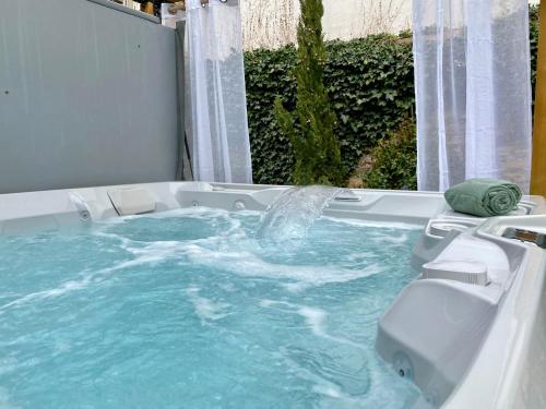 une baignoire jacuzzi remplie d'eau bleue dans l'établissement Appartement cosy en centre ville avec SPA et jardin, à Dijon