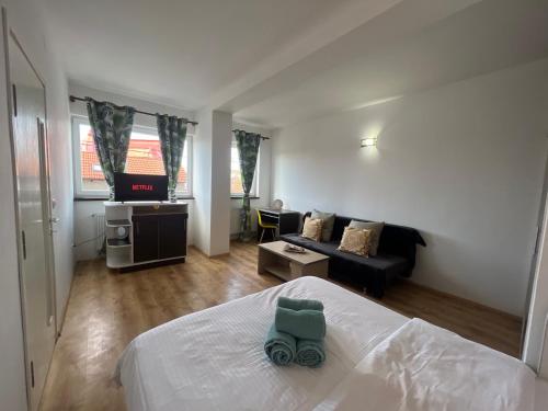 1 dormitorio con 1 cama y sala de estar con sofá en Miha Residence, en Arad