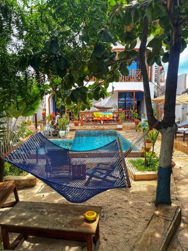 a blue hammock hanging from a tree next to a pool at Utulivu Bungalow in Nungwi