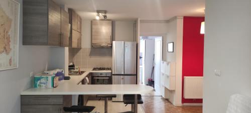 een keuken met een wit aanrecht en een rode muur bij 2 pièces 38 M2 Francheville in Francheville