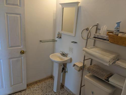 Baño blanco con lavabo y espejo en Hacienda De Palmas en La Ribera