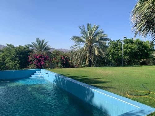 a pool of water with palm trees in a park at Bedya Farm in Khor Fakkan