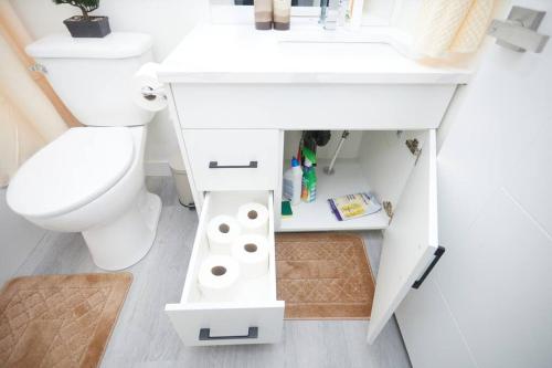 a bathroom with a white sink and a toilet at Comfortable home near airport in Winnipeg