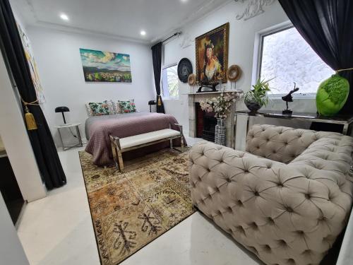 a living room with a couch and a fireplace at Bamboo House, Close to the City & Airport & Train station and Brighton Le Sands Beach in Sydney