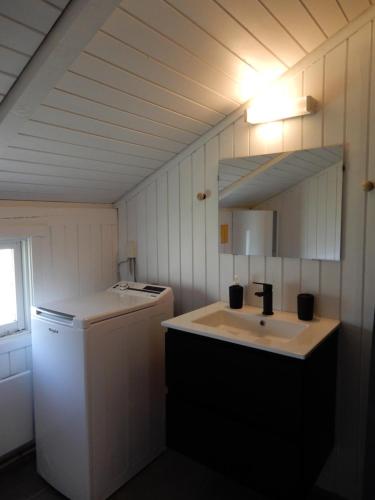 een kleine badkamer met een wastafel en een spiegel bij Holiday Home M&A in Toftlund