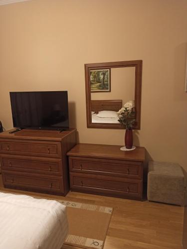 a bedroom with a television and a dresser with a mirror at Home Sweet Rental in Tirana