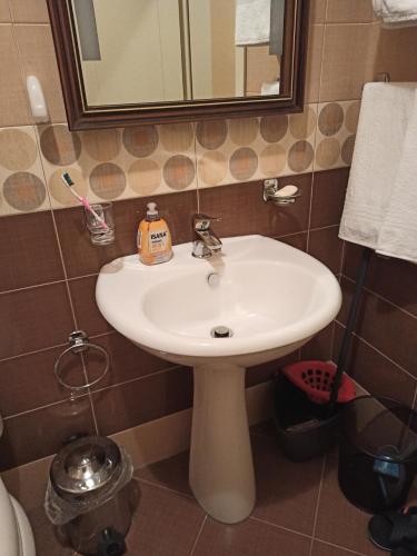 a bathroom with a white sink and a mirror at Home Sweet Rental in Tirana