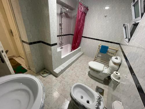 a bathroom with a sink and a shower and a toilet at شقة خلف شارع طرح البحر عند عبده كفته307 in Port Said