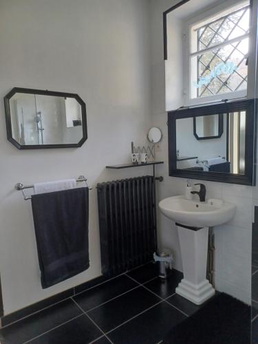 łazienka z umywalką, lustrem i grzejnikiem w obiekcie Ma promesse w mieście Vals-les-Bains