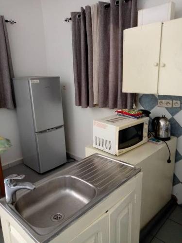 a kitchen with a sink and a microwave and a refrigerator at La villa du cocotier in Sali Nianiaral