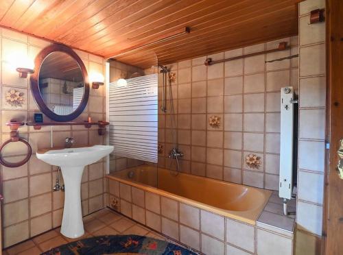 a bathroom with a sink and a bath tub at Haus im Hanfbachtal 