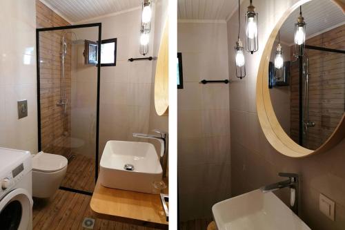 two pictures of a bathroom with a sink and a mirror at Fotini's House in Lachania