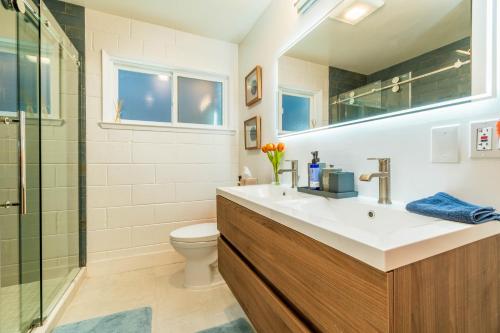 米爾谷的住宿－Downtown Mill Valley 2 bedroom Stylish Home with Yard Best San Francisco Bay Area，一间带水槽、卫生间和淋浴的浴室