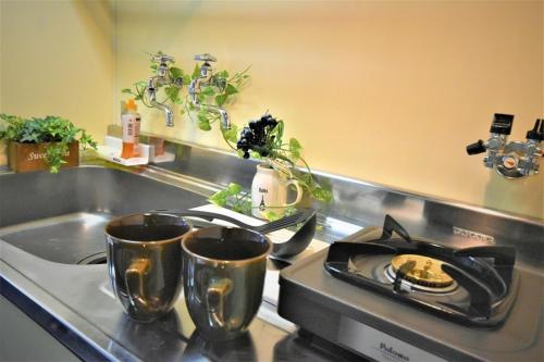 - un comptoir de cuisine avec 2 tasses sur une cuisinière dans l'établissement Town Royal 73 - Vacation STAY 14286, à Sapporo
