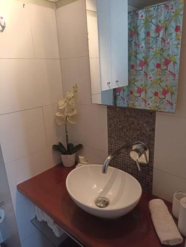 a bathroom with a white sink and a mirror at Metro Pedro de Valdivia, Aire Acondicionado in Santiago