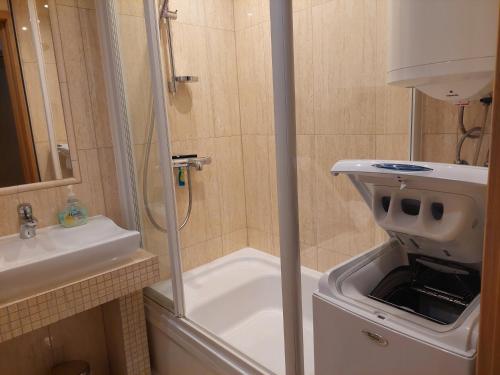 コシチェリスコにあるApartament Regle & SPAの小さなバスルーム(シャワー、シンク付)