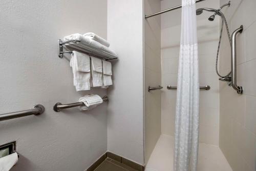a shower in a bathroom with a shower curtain at Comfort Inn Indianapolis Airport in Plainfield