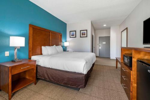 a hotel room with a bed and a flat screen tv at Comfort Inn Plainfield - Indianapolis Airport in Plainfield