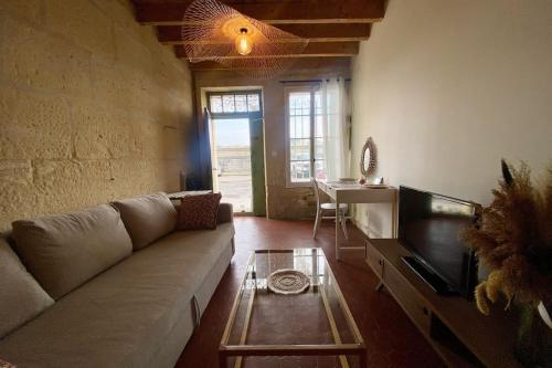- un salon avec un canapé et une télévision dans l'établissement "La paisible" Maison vue sur le Rhône Arles, à Arles