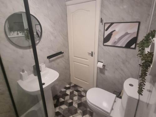 ein Badezimmer mit einem Waschbecken, einem WC und einem Spiegel in der Unterkunft Cosy Moat House Cottage #3 in Pembroke