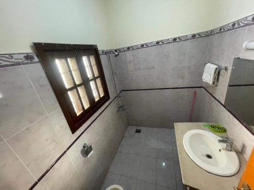 a bathroom with a sink and a toilet and a window at Dream Palace in Islamabad